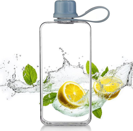 Tritan Transparent Flat Water Bottle samll Water Bottle Slim Square Pocket Bottle Water Flask, BPA Free/Slim Design/Leak Proof Water Bottle for Travel, Outdoor, Sports (Light Blue, 400ML)