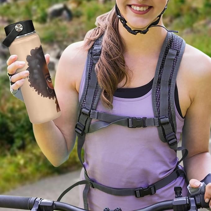 African Girl 18 oz Insulated Water Bottle with Handle Stainless Steel Sports Water Flask Cup Portable Handle Lid Hot and Cold Water Bottle Magic American Afro Travel Canteen Mug