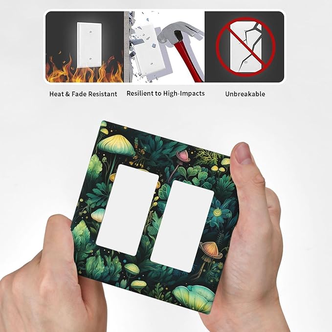 Green Dark Forest Mystical Mushroom 2 Gang Rocker Decora Light Switch Covers Dual Outlet Covers Wall Plate Decorative Switchplate Electrical Faceplate GFCI for Country Bathroom Bedroom Decor
