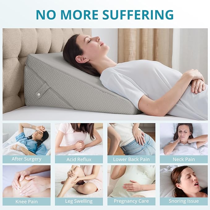 Sasttie Wedge Pillow for Sleep Apnea, 10 Inch Adjustable Bed Wedge Pillow for Back Pain, Acid Reflux Relief, Memory Foam Triangle Pillow Wedge for Sleeping, Post Surgery, Knee Elevation, Light Grey