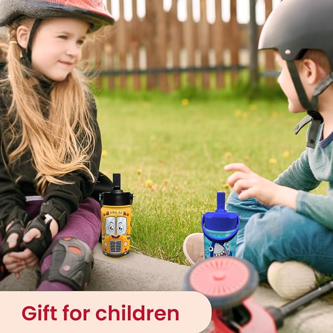 School Bus Water Bottle - Kids Water Bottle with Straw Lid - 12 Oz Insulated Stainless Steel Water Bottles for Toddlers Kid Boys - Travel Cup for School Sports
