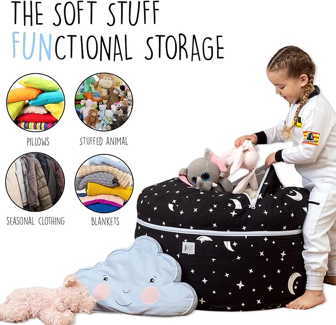 Stuffed Animal Storage Bean Bag Chair Cover for Kids & Adults | Washable XL Stuffie Seat | 100% Cotton | Pouf Organizer for Plush Toys, Linens, Quilts & Pillows | Starry Night