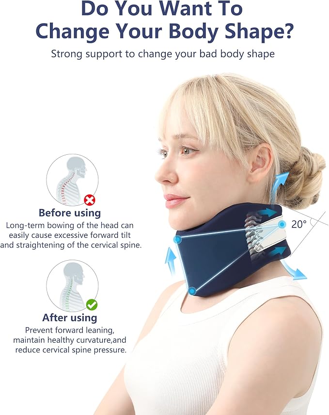 Neck Brace for Pain Relief - 2024 Upgrade Washable Cervical Collar for Neck Pain and Support, Silicone Cervicorrect Neck Brace for Sleeping, Neck Posture Corrector (Dark Blue, 3.35 inch Height)