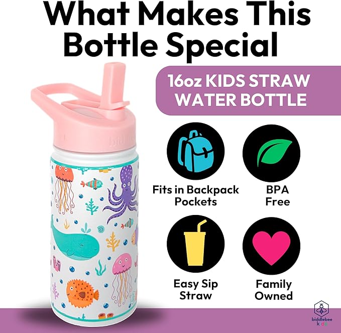 Biddlebee Kids Water Bottle with Straw Lid | 14oz Insulated Stainless Steel Reusable Bottles for School | Leak Proof Cap with Handle & Touch Free Spout | Great for Boys & Girls (Under the Sea)