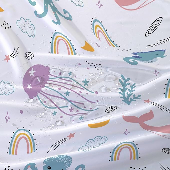 AILONEN Cartoon Dolphin Shower Curtain for Kids 60" W*72" H Inch,Cute Seahorse Rainbow Octopuses Shower Curtain,Ocean Life Theme 12 Pack Hooks Polyester Waterproof Fabric Decor for Bathroom