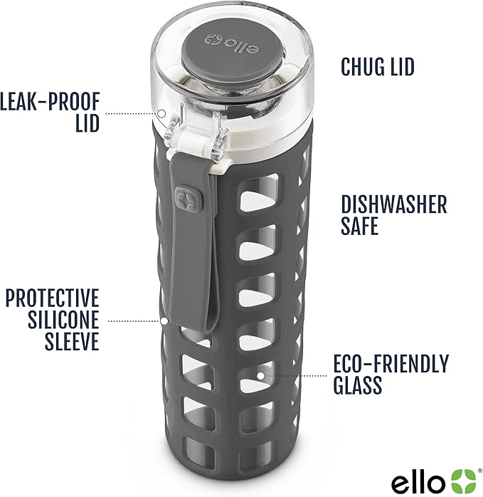 Ello Syndicate Glass Water Bottle with One-Touch Flip Lid and Protective Silicone Sleeve and Carry Loop, BPA Free, Dishwasher Safe,20oz