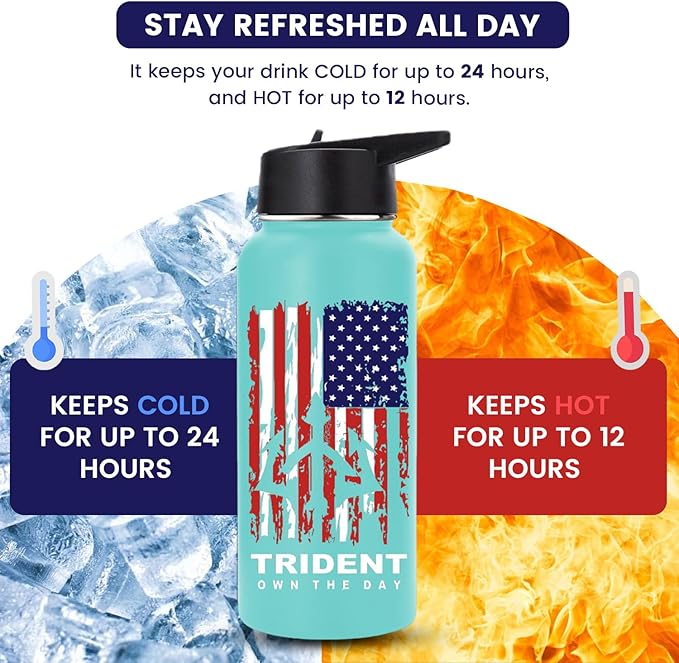 American Flag Water Bottle, 32 oz Insulated Water Bottle, Reusable Water Bottle with Straw, Leak Proof Water Bottles, Thermos Water Bottle - Combat Veteran Small Business (Teal, 32 Oz)