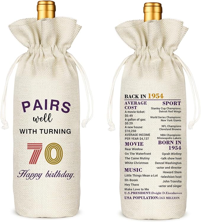 Socive 70th Birthday Gift for Women Men,70th Birthday Wine Bag,1954 Birthday Wine Bag,70 Years Old Birthday Party Decor Gift (70 BIRTHDAY)