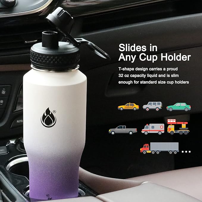 SENDESTAR Water Bottle 32oz,2 Lids(Straw lid),Wide Mouth Stainless Steel Vacuum Insulated Double Wall Keep Liquids Cold or Hot All Day,Sweat Proof Sport Design,Fit Car Cup Holder(White&Voilet)