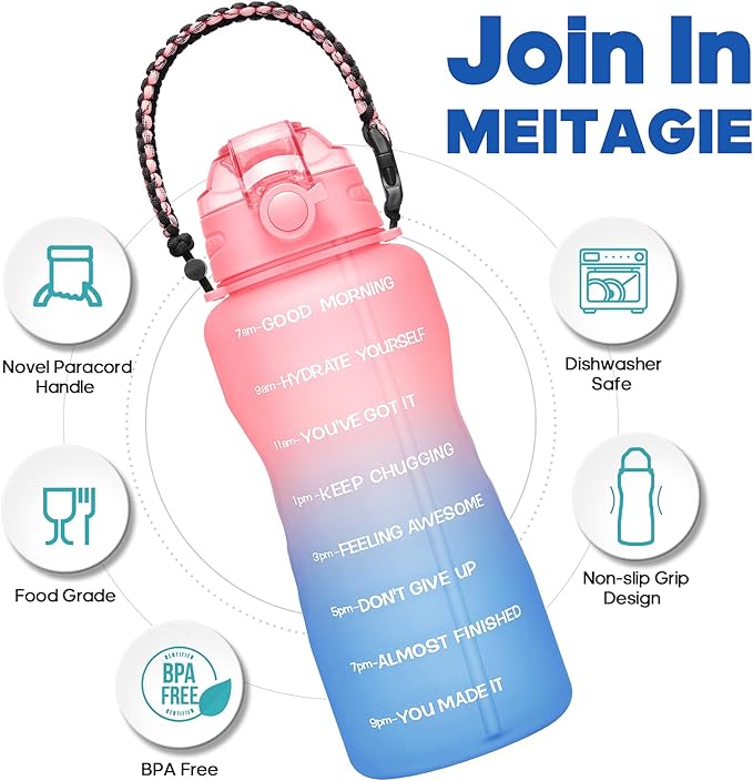 Water Bottles 1 / Half Gallon with Time Marker and Straw, Large Fitness Sports Motivational Bottle, Wide Mouth Leakproof and BPA Free for Travel, Gym,office,school