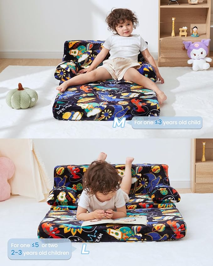 Weighted Idea 2-in-1 Kids Sofa Couch Fold Out for Girls and Boys, Folding Toddler Chairs Comfy Children Couch Baby Recliner, Convertible Sofa to Lounger(Blue Dinosaur, 30x18x16 inches)