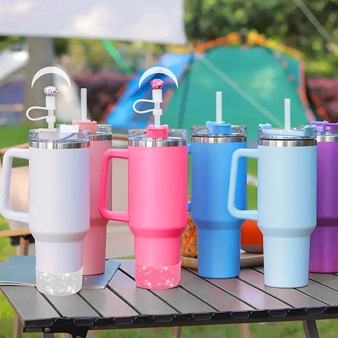 Mity rain Set for Stanley Cup Accessories, Including 2Pcs Diamond Straw Topper, 4 Pcs Silicone Spill Proof Stopper, 2Pcs Protective Glitter Silicone Boot, Pink and White Set for Stanley Cup 40/30 OZ