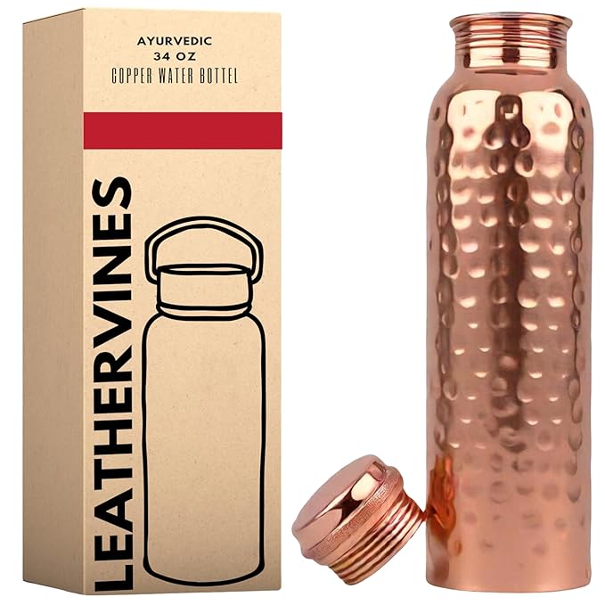 Copper Water Bottle Hammered Ayurvedic Pure Copper Drinking Vessel Drink Water Reduce Sugar, and Reap the Health Benefits Instantly 34 Oz Extra Large