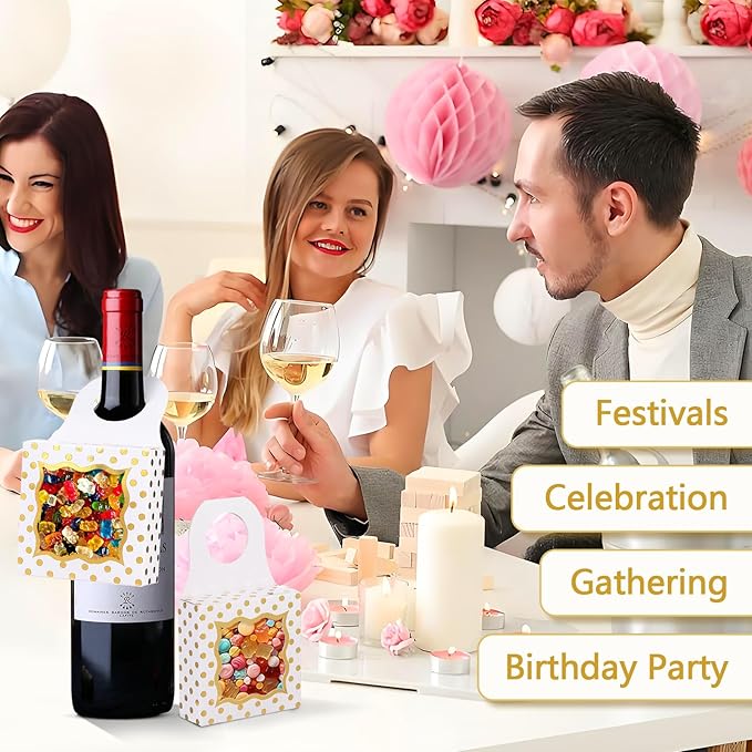 ISKYBOB 20PCS Wine Bottle Box with Window, Kraft Paper Wine Boxes for Birthday Gifts Hanging Wine Treat Box Mini Charcuterie Boxes Champagne Bottles Gift Boxes Candy Box for Party Favor (White Gold)