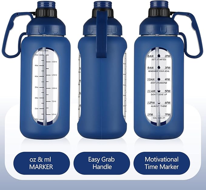 MUKOKO 64oz Glass Water Bottles with Straw, Half Gallon Water Bottle with Time Marker, Motivational Water Bottle with Silicone Sleeves,Large Glass Water Bottle for Gym,Working,Outdoor,Klein