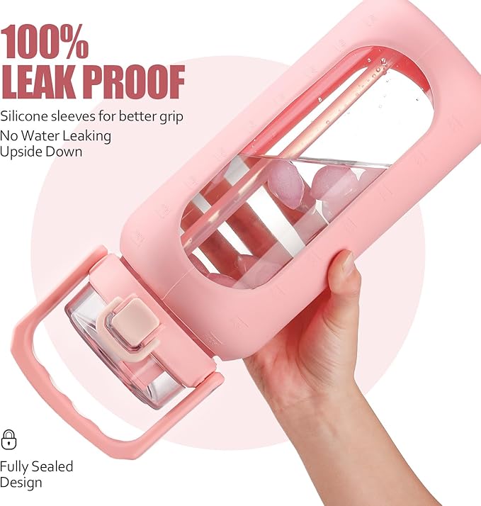 BLUEGO 64 oz Glass Water Bottle, Drinking Water Bottle with Handle and Straw, Half Gallon Motivational Water Bottle with Silicone Sleeve and Time Marker, Sports Water Bottle, BPA Free Pink