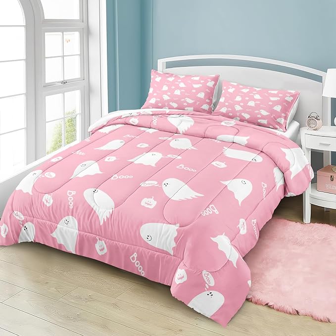 Bedbay Halloween Queen Comforter Pink Cartoon Ghost Comforter Sets for Kids Girls 4 Pcs Soft Microfiber Halloween Bedding Set Cute Halloween Room Decoration(Pink,Queen)