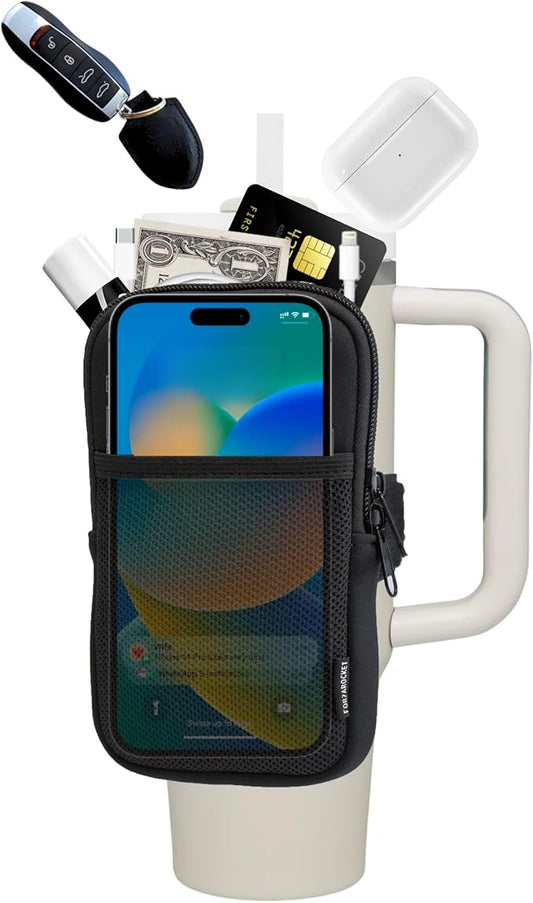 Water Bottle Pouch for Stanley Cups with 20oz 30oz 40oz Stanley Quencher Adventure & Stanley IceFlow, Gym Accessories for Women Tumbler Pouch with Strap & Zipper Cup Purse for Card Keys (Black, Large)