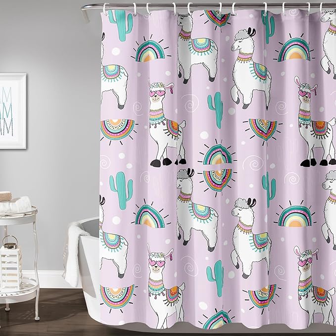AILONEN Cool Llama Shower Curtain,Purple Desert Cactus Llama Bath Curtain,Polyester Water for Bathroom with Plastic Hooks,36" W*72" H Purple