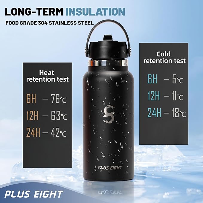 Sports Water Bottle, 32 oz Insulated Water Bottle With Straw, Stainless Steel Water Bottle Wide Mouth for Sports, Gym or Office, BPA-Free Keep Cold 24H Hot 12H (Black)