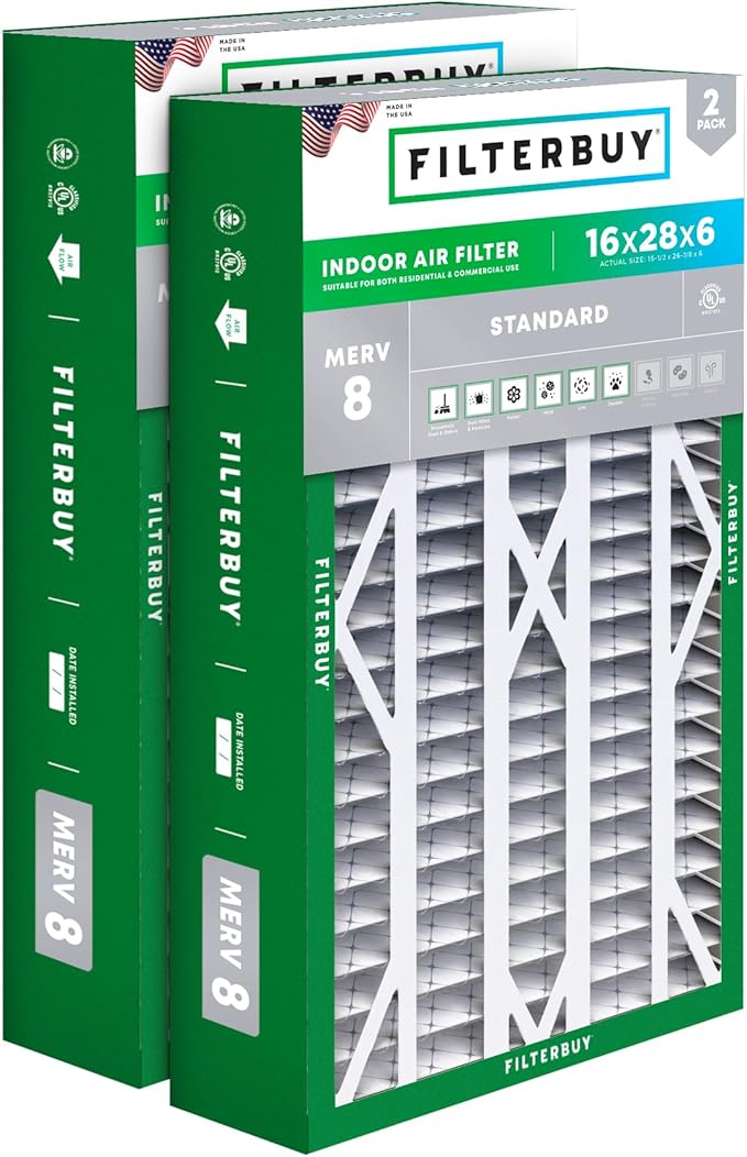 Filterbuy 16x28x6 Air Filter MERV 8 Dust Defense (2-Pack), Pleated HVAC AC Furnace Air Filters Replacement for Aprilaire Space-Gard 401/2400 & Lennox (Actual Size: 15.50 x 26.88 x 6.00 Inches)