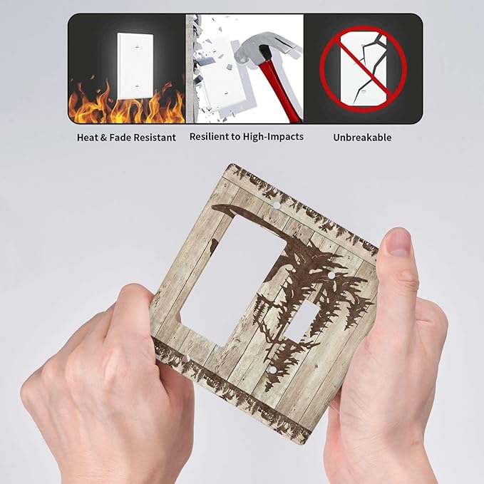 Rustic Wood Bear Forest 2 Gang Single Toggle Rocker Combination Light Switch Cover Vintage Antique Cabin Decorative Wall Plate Cover Electrical Faceplate for Farmhouse Bathroom Bedroom Kitchen Decor