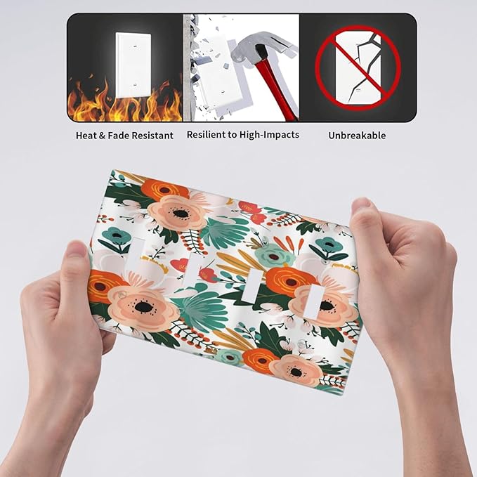 Rustic Floral Boho Colorful Flower Quad Toggle Light Switch Covers 4 Gang Wall Plate Decorative Switchplate Electrical Faceplate for Farmhouse Bathroom Bedroom Kitchen Decor