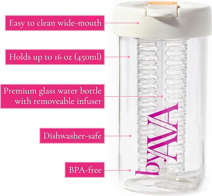 Premium Glass Water Bottle with Infuser & Straw | 16oz, 450ml infusion water bottle fruit infuser Foldable Straw Reusable Water Bottles Glass tumbler with straw