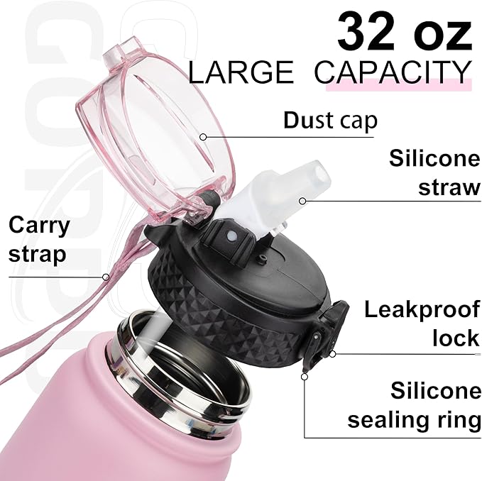 GOPPUS 32 oz Sports Water Bottle 1 Liter Double Wall Insulated Stainless Steel Water Bottles with Straw Lid Reusable Leak proof Metal water bottles with Strap Handle(Pink Purple 1 lid)