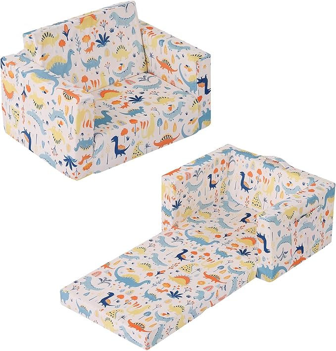 Tiita Toddler Chairs Sofa, 2-in-1 Kids Sofa Couch, Convertible Children Couch to Lounger, Flip Out Kids Sofa Chair, Toddler Armrest Chair Bed for Girl or Boy, White Dinosaur