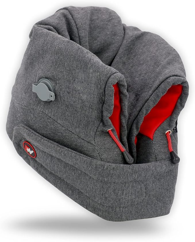 Roamwild Travel Pillow with Unique Self Inflating Built in Side Supports | Washable | (Red & Gray)