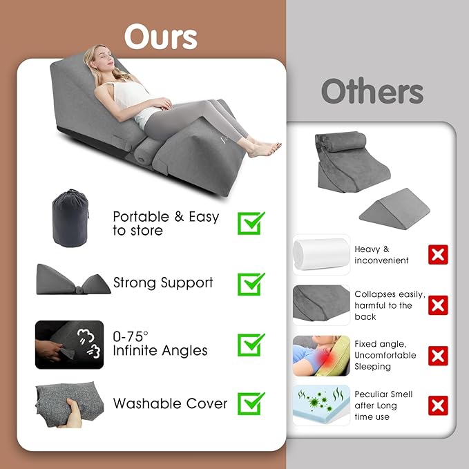 Inflatable Wedge Pillow Set for Indoor&Outdoor Lounge Chair 0-90° Infinite-Angle Adjustable Lying Game Pillow, Wedge Pillow for Back Pain Relief Portable Lawn Chair Outdoor Chair