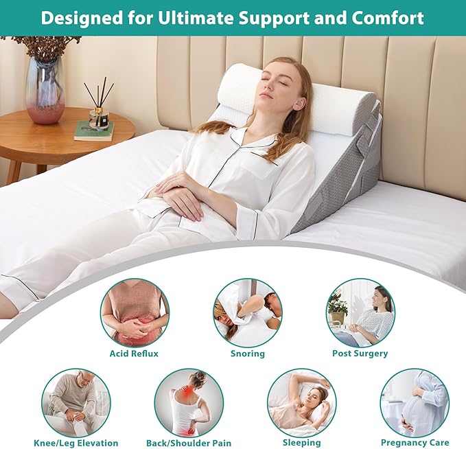 3Pcs Orthopedic Bed Wedge Pillow Set, Foam Wedge Pillow Post Surgery for Back, Leg and Knee Support, Adjustable 9&12 Inch Folding Triangle Pillow for Sleeping, Acid Reflux, Snoring, White/Grey
