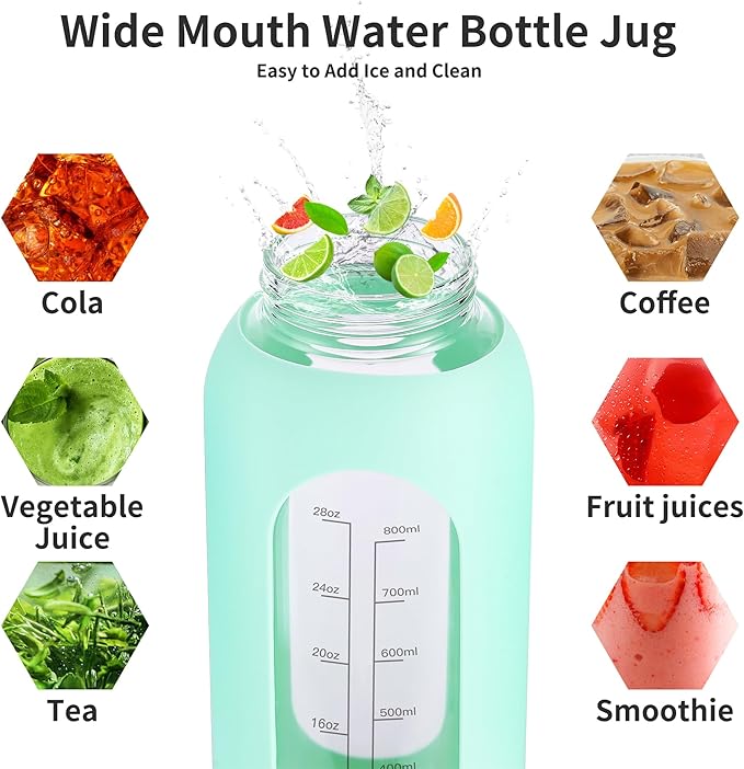 32 oz Glass Water Bottle with Straw and Handle, Sports Motivational Water Flask with Silicone Sleeve, Large Leakproof Water Flask Cup with Time Marker for Travel, Gym, Sky Blue