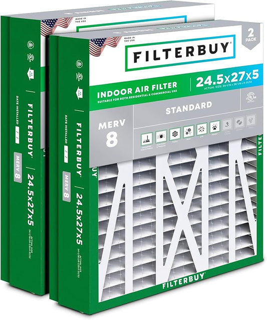 Filterbuy 24.5x27x5 Air Filter MERV 8 Dust Defense (2-Pack), Pleated HVAC AC Furnace Air Filters for Trane, American Standard, Honeywell, & Accumulair (Actual Size: 24.06 x 26.13 x 4.97 Inches)