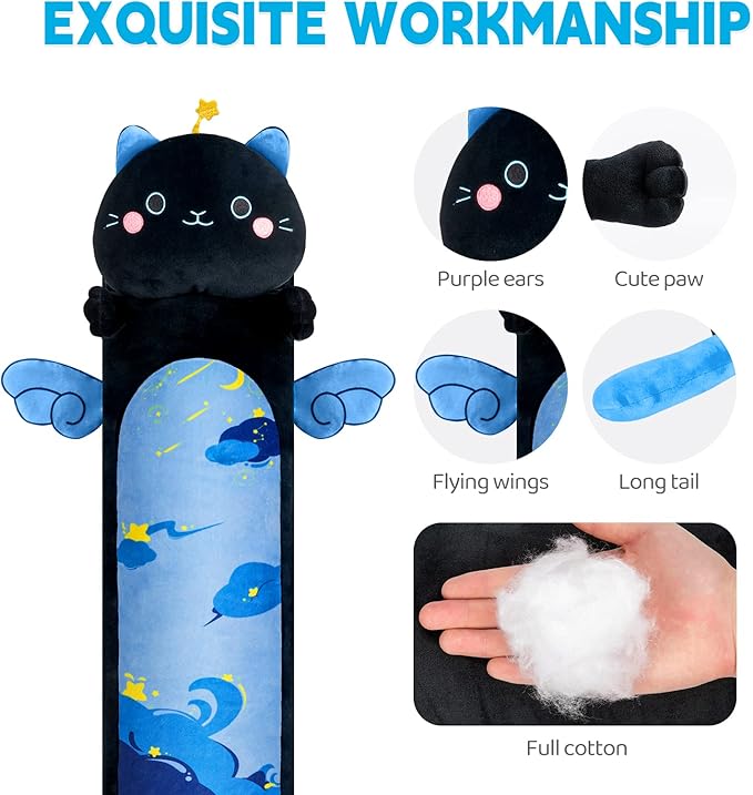 Long Cat Plush Kawaii Body Pillow, 28” Cute Black Cat Stuffed Animals Soft Plushies, Blue Star Kitten Big Plush Toys Throw Pillow Doll Gift for Girlfriend
