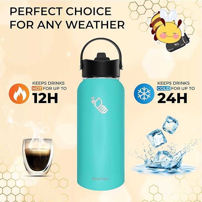 Sports Water Bottle - 32 Oz, Includes 50 Cute Flask Stickers, 3 Lids (With straw), Vacuum Insulated, 308 Stainless Steel | Turquoise