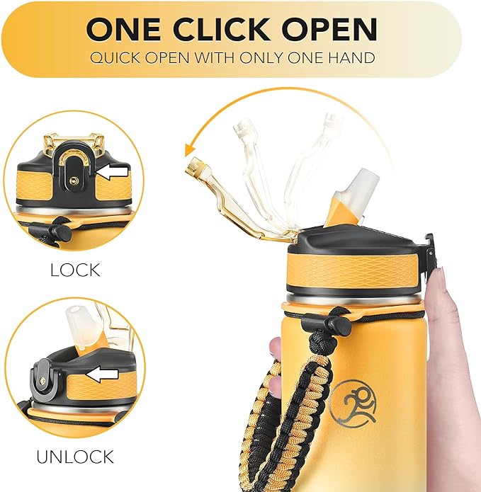 GOSWAG Insulated Sports Water Bottle, 24oz 2 Lids(with Straw/No Straw), Stainless Steel Water Bottles with Paracord Handle, Insulated Thermos with Double-Wall Vacuum Insulation