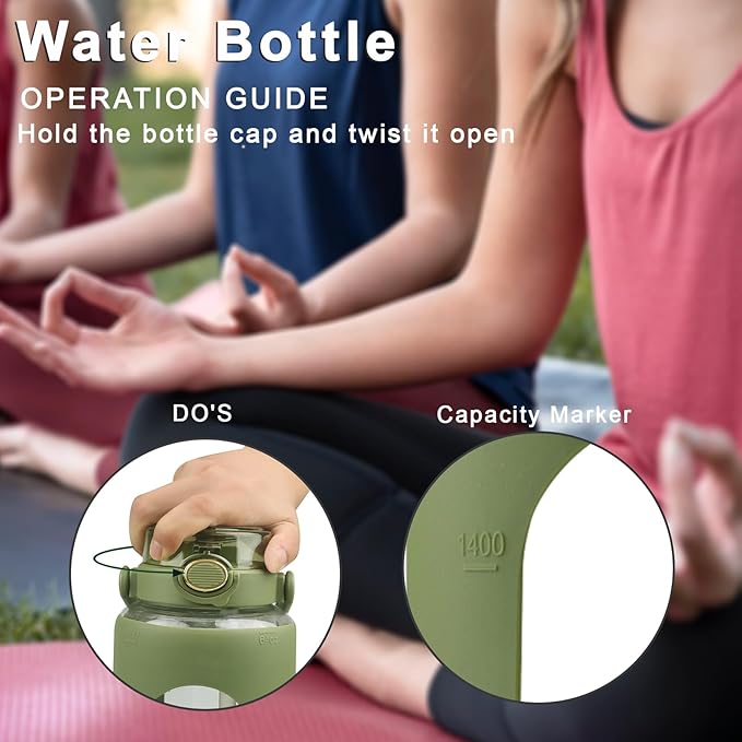 64 Oz Glass Water Bottle with Straw and Lid, Sports Motivational Water Bottle, Leakproof Water Jug Fitness with Silicone Sleeve for Gym, Green