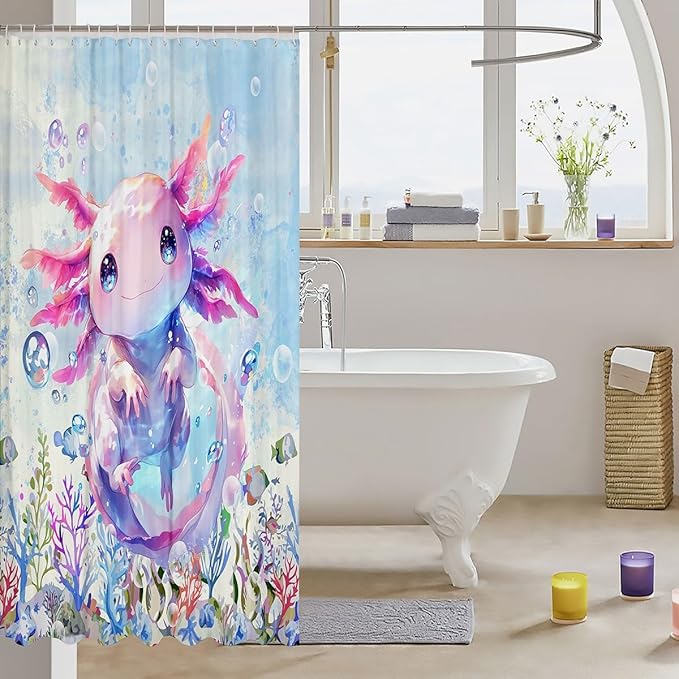 Feelyou Boys Girls Cute Axolotl Shower Curtain Ocean Sealife Bathroom Shower Curtain Set Kids Kawaii Bath Curtain Cartoon Salamander Teens Bathroom Accessories Room Decor 72"x78"