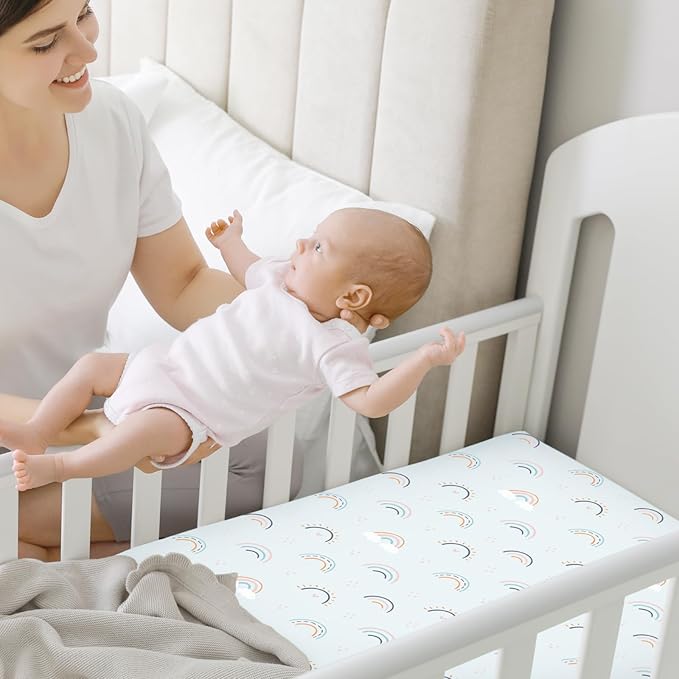 Pack and Play Sheets Fitted, 2-Pack Mini Crib Sheets - Pack N Play Sheets, Organic Fitted Crib Sheet for Pack and Play Mattress, Playard Baby Crib Sheets, Crib Sheets Neutral for Boys (Jolly Rainbow)