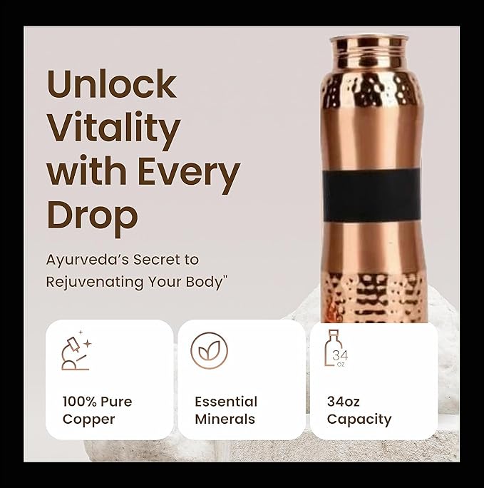 Natureverr Hammered Copper Water Bottle 1000ml, Water Bottle with Stylish Look and Advanced Leak Proof Cap, BPA Free Reusable Bottle for Home, Office, Hotel and Gifting