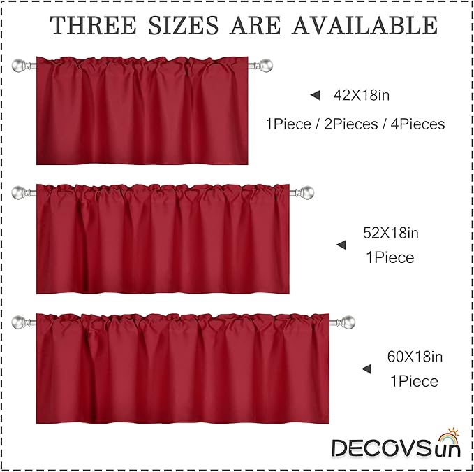 Red Valance for Windows 42x18 Inch Solid Thermal Insulated Blackout Rod Pocket Kitchen Short Curtain Toppers Valance for Bathroom Living Room 2 Panels