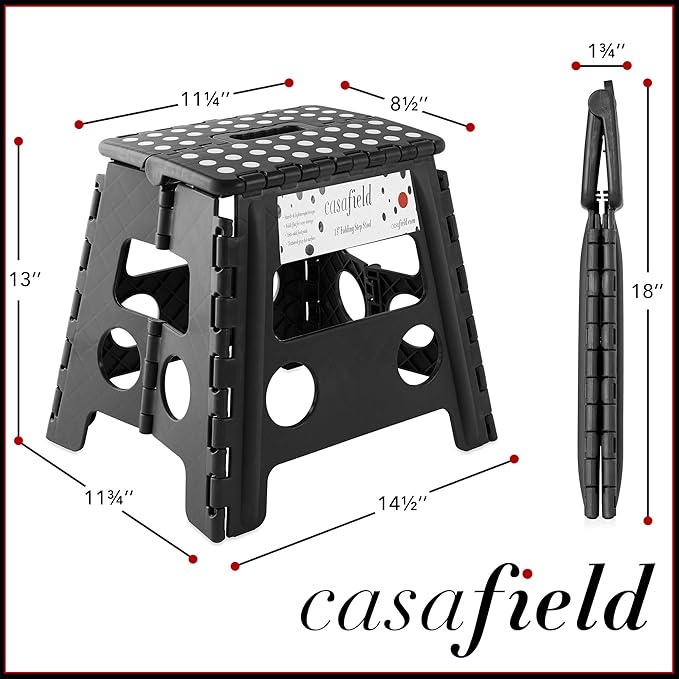 Casafield 13" Folding Step Stool with Handle, Black - Portable Collapsible Small Plastic Foot Stool for Adults - Use in The Kitchen, Bathroom and Bedroom