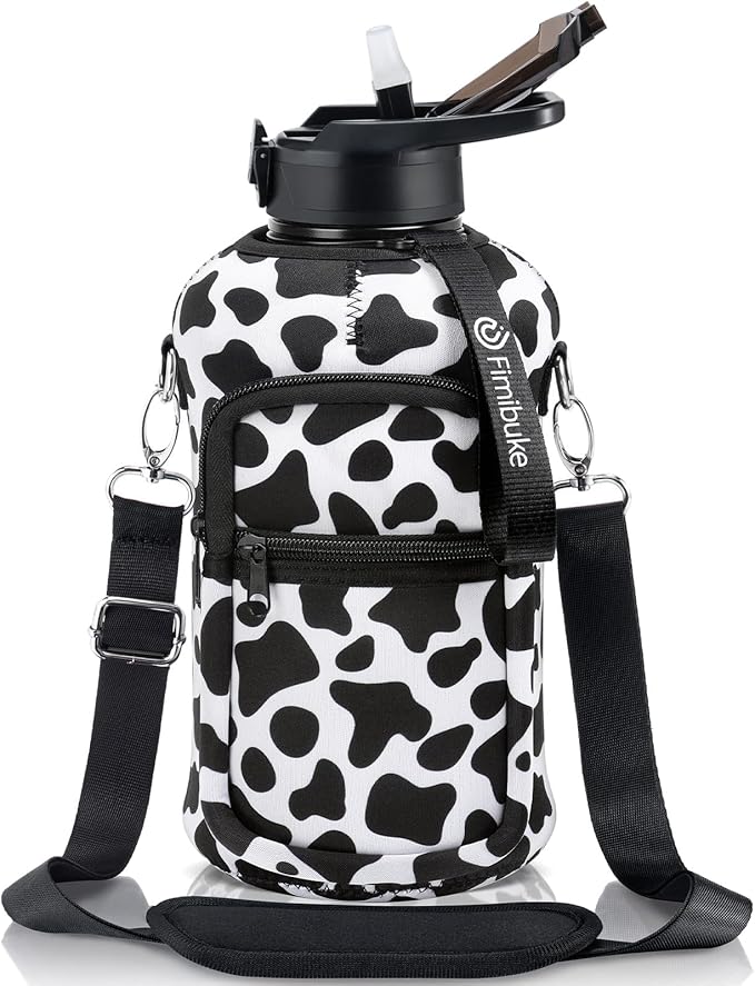 Fimibuke Half Gallon Water Bottle with Sleeve 64 OZ Water Bottle with Handle & Straw Leakproof Motivational Sports Gym Water Bottle with Time Marker BPA Free Water Jug with Reusable Neoprene Holder