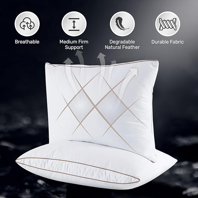 UNIKOME Goose Feather and Down Pillows,Oval Gusseted Feather Down Pillow for Sleeping, 100% Cotton Pillow Cover, King Size, Set of 2