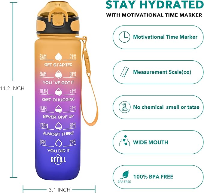 Enerbone 32 oz Drinking Water Bottle with Times to Drink and Straw, Motivational with Carrying Strap, Leakproof BPA & Toxic Free, Ensure You Drink Enough Water for Fitness Gym Outdoor