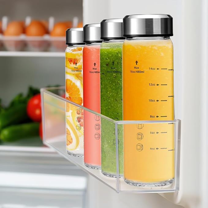 20oz Glass Juice Bottles - 6 Pack Wide Mouth Glass Bottles with Lids- BPA Free, Stainless Steel Lids for Juicing, Smoothies, Infused Water, Beverage Storage - Leakproof, Borosilicate, Clear