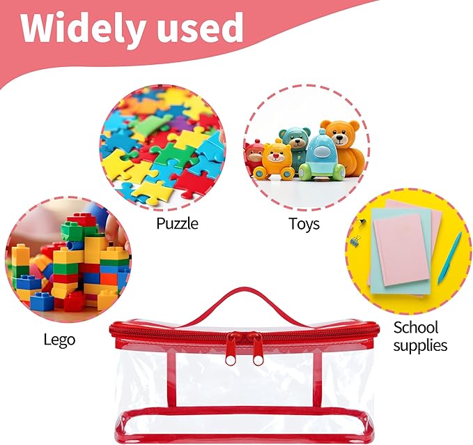 3 Packs Clear Toy Storage Bags- 9.4 x 6.7 x 4.3 Inch Transparent PVC Toy Organizing Bags with Zipper- Waterproof Toy Storage Organizer Pouch for Building Blocks, Small Toys (Red)