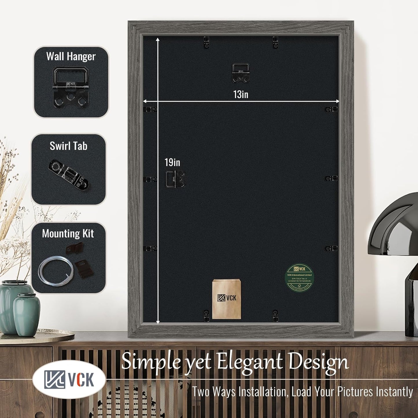 VCK 13x19 Picture Frame Set of 3, Gray Solid Wood Poster Picture Frame, Exclusive Wood Grain, Wall Mounting Hanging